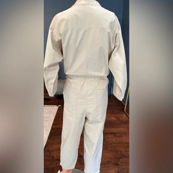 Beige Utility Jumpsuit Button Front Drawstring Waist Cropped Pockets Womens M - Picture 3 of 9